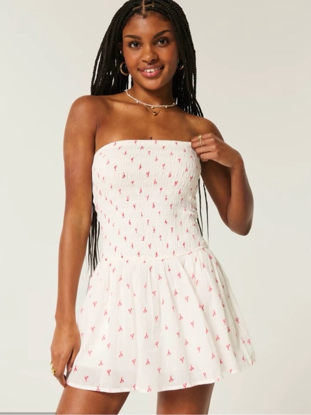 Hollister White Strapless Mini Dress with Pink Flamingo Print